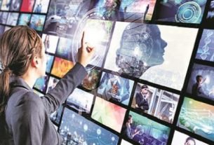 A Woman Touching Towards The Digital Multimedia Television video streaming - Advanced Technologies In Entertainment Industry Concept.