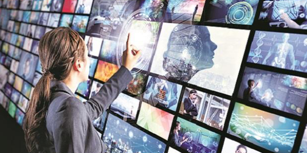 A Woman Touching Towards The Digital Multimedia Television video streaming - Advanced Technologies In Entertainment Industry Concept.